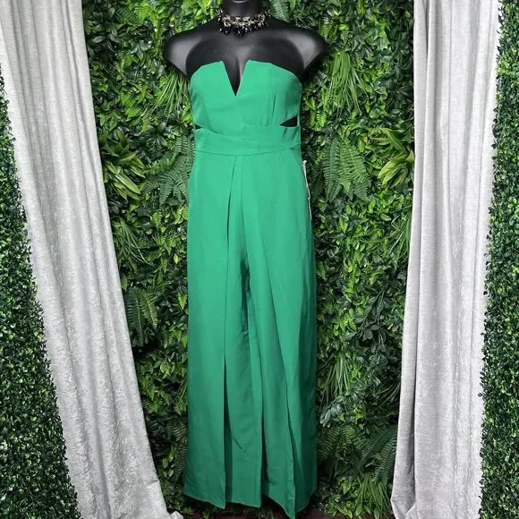 LUXXEL Jumpsuit Women Large Green Pants Pleated Strapless Split Leg Cut Out 2345 - Picture 2 of 10